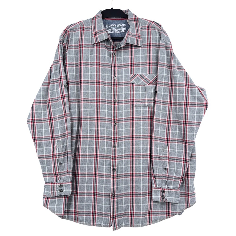DKNY Jeans Plaid Button Down Shirt Mens 2XLT 100% Cotton Gray Red
